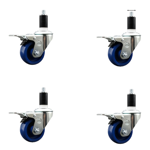 3'' Solid Poly Swivel 1-3/8'' Expanding Stem Caster Set Total Lock Brake, 4PK